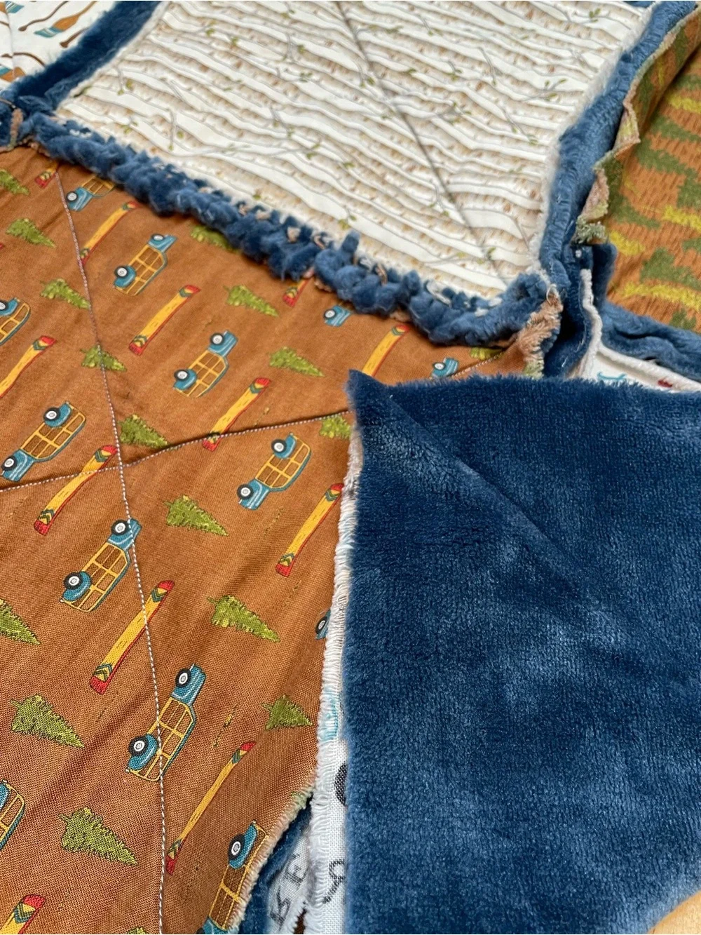 UNFINISHED Handmade Patchwork Quilt with Velour Backing- Outdoors Theme Crib Sz